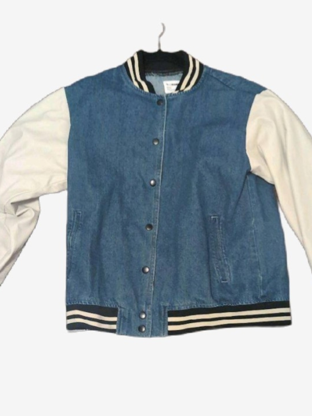 Ci Sono Denim Bomber Varsity Jacket with Cream Sleeves (Women's Large)